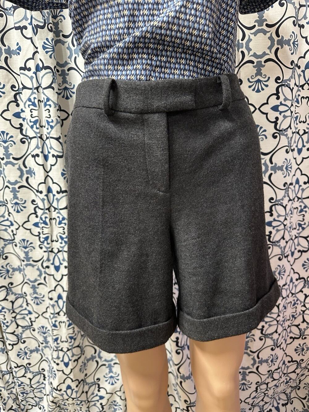 Tory Burch Gray Charcoal Wool Shorts 7 Inseam Cuffed Dress Shorts Belt Loops M